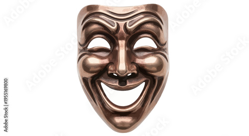 A beautifully crafted bronze comedy mask, with a wide, joyful smile, emblematic of classic theater and dramatic arts, representing happiness and performance on stage
