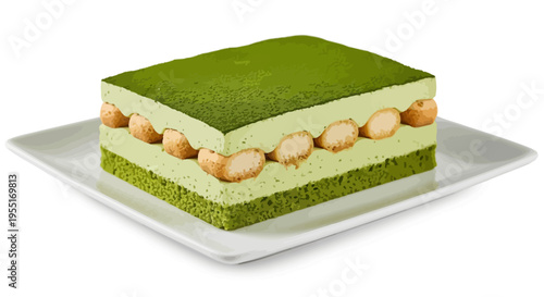 Delicious and vibrant matcha tiramisu cake, a rich green tea-flavored dessert featuring creamy layers, delicate biscuits, and a dusting of green tea powder, presented elegantly on a white plate