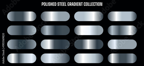 Polished Steel Gradient Collection Vector Set with 16 Metallic Silver and Gray Swatches for Design