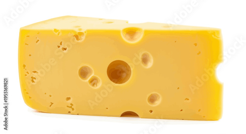 A wedge of delicious, yellow Swiss cheese with distinctive holes, isolated on a white background, ready to be enjoyed