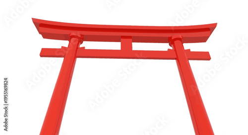A vibrant red Japanese Torii gate stands prominently against a clean white background, symbolizing tradition and spirituality