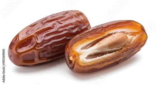 Delicious and Nutritious Dates A Close-Up of Whole and Halved Dried Fruit Showcasing Sweetness and Natural Goodness on a Crisp White Background, Perfect for Healthy Snacking and Culinary Uses