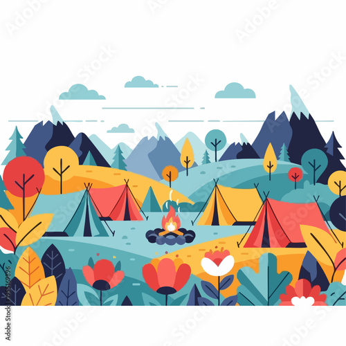 Camping Scene with Tents and Mountains.
