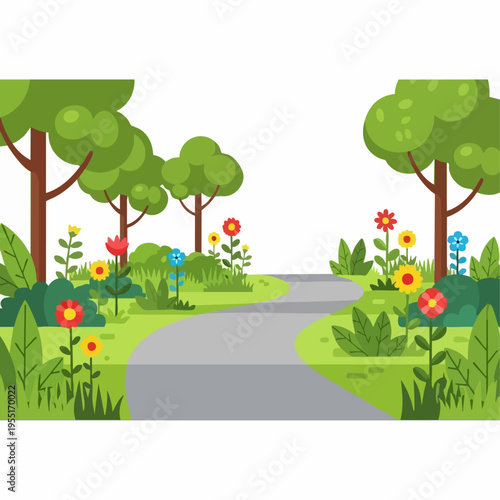 Cartoon Pathway Through Garden Landscape Scene.
