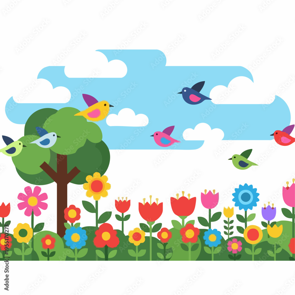Fototapeta premium Colorful Birds Flying Over Flowers Garden.