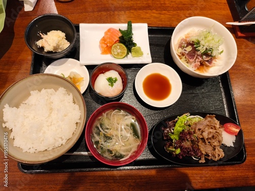 Japanese meal served on a wooden table