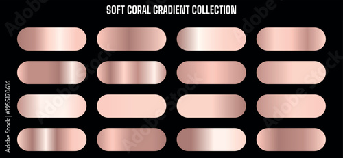 Soft Coral Gradient Collection Vector Set with 16 Rose Gold Metallic Swatches for Web Design