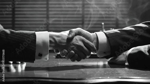 Black and white close up of two businessmen shaking hands across a polished desk in a dimly lit office