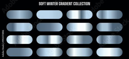 Soft Winter Gradient Collection Vector Set with 16 Light Blue and Silver Metallic Swatches on Black Background