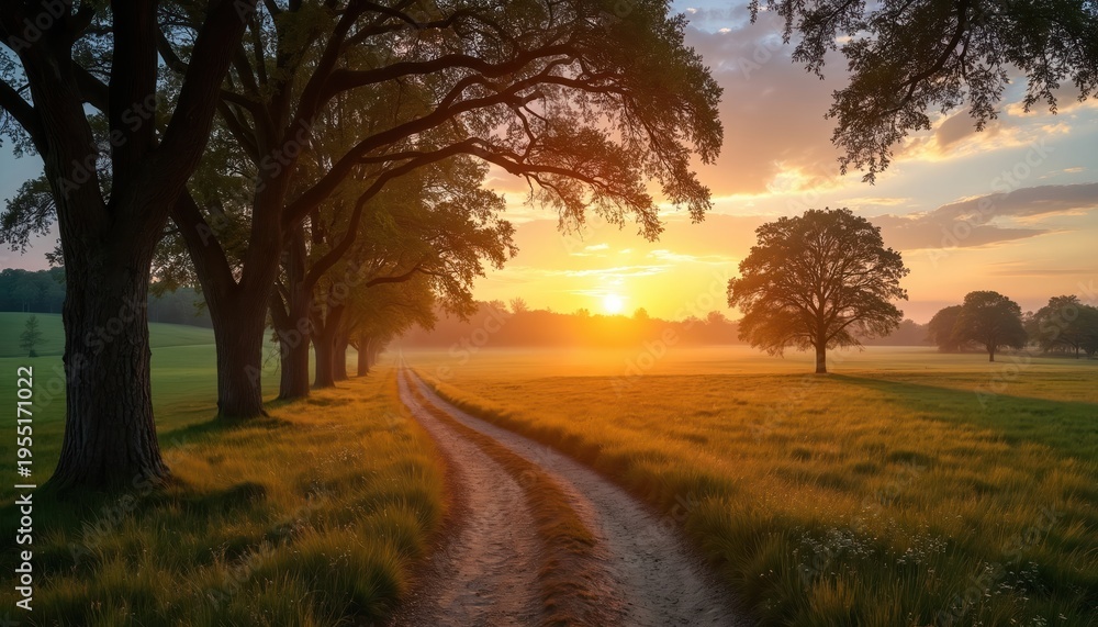 Naklejka premium Dirt road winds through grassy field lined with large trees toward bright sunrise sun. Golden light glows over misty landscape. Peaceful morning scene, quiet nature.