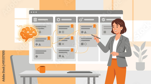 Woman in business attire presenting information.