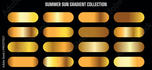 Summer Sun Gradient Collection Vector: Set of 16 Golden Metallic Color Swatches for Design Elements