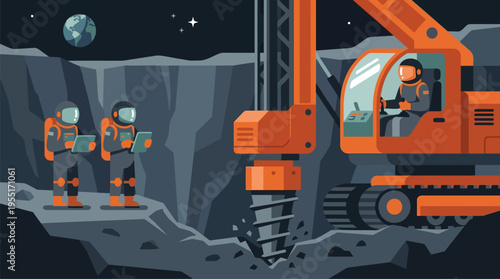 Astronauts and orange drilling machine.