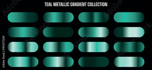 Teal Metallic Gradient Collection Vector Set with 16 Modern Swatches for UI Design and Web Backgrounds