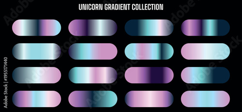 Unicorn Gradient Collection vector set of 16 vibrant iridescent color swatches for design projects