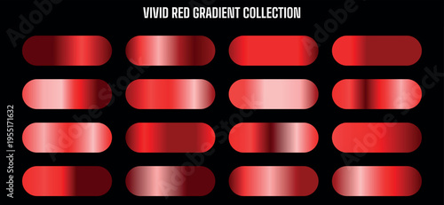 Vivid Red Gradient Collection Vector Set with 16 Horizontal Rounded Rectangles on Black Background