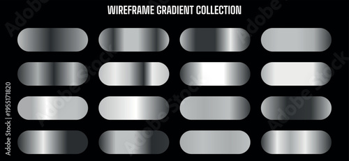 Wireframe Gradient Collection Vector Set: 16 Metallic Silver and Gray Swatches for Modern Design