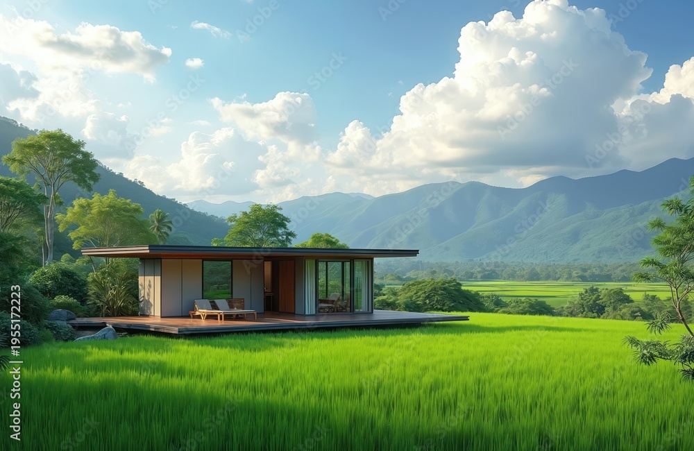 Fototapeta premium Modern small house with open balcony sits in vibrant green rice fields. Rich trees and rolling mountains form a serene backdrop under a bright blue sky with fluffy clouds. Peaceful rural landscape.