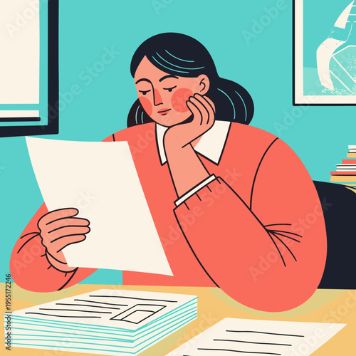 Teacher reviewing test answers at desk, education assessment illustration