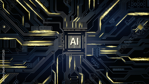 Technological background with blue trails, golden glowing energy, and an AI chip. A conceptual banner with an abstract image of artificial intelligence.