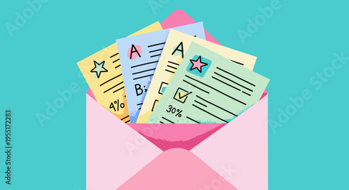 Report cards in envelope, academic results illustration