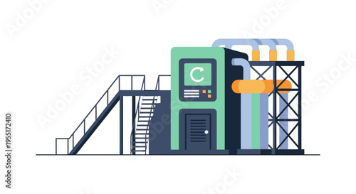 Industrial factory building with pipes and stairs, modern clean design