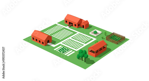 Isometric Farm Village with Cultivated Fields and Buildings