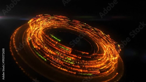 Abstract swirling motion of glowing golden light with streaks of particles in digital space against a dark background.