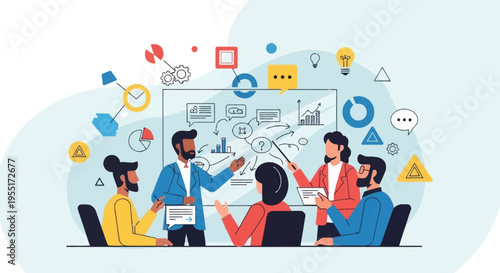 Diverse team collaborating on a business strategy with a whiteboard presentation and colorful icons.