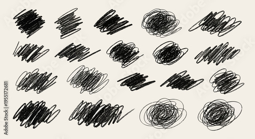 Abstract set of various hand-drawn scribble marks, messy pencil strokes, and chaotic doodle textures for artistic design elements
