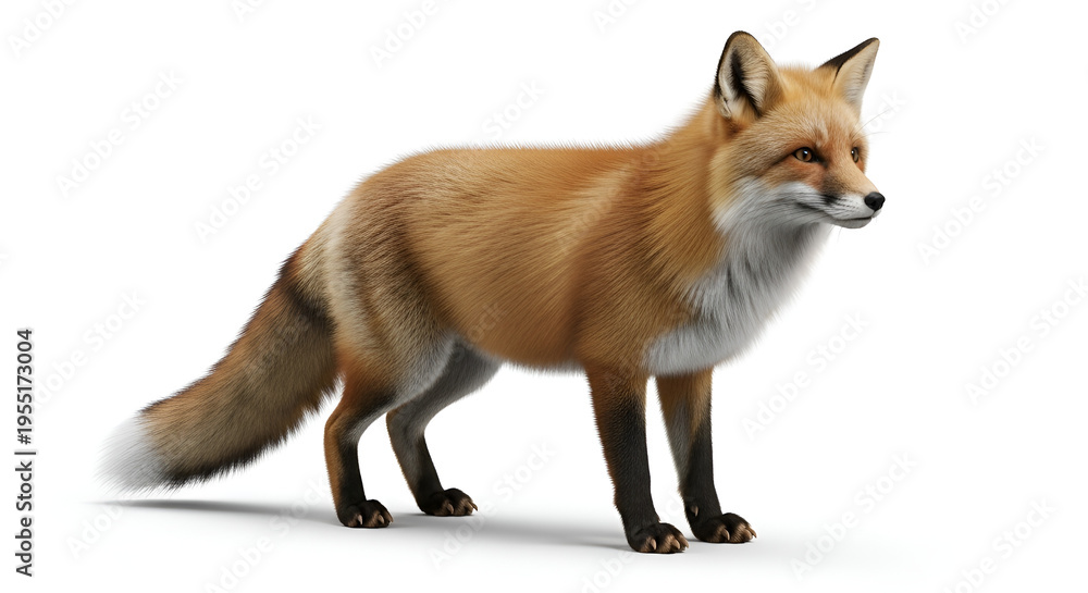 Obraz premium Realistic red fox standing isolated on a white background with detailed fur. Wildlife animal portrait showing the beauty of a small predator with elegant and natural appearance.