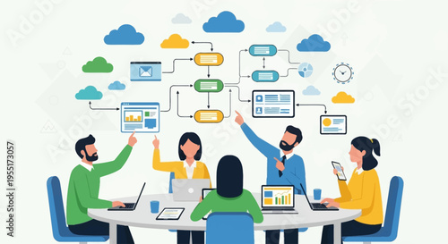 Team of professionals collaborating around a table, discussing a complex workflow diagram with cloud integrations.