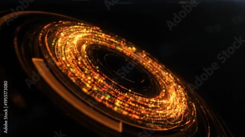 Abstract swirling golden energy ring with shimmering particles rotating in the darkness of space