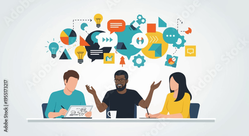 Three diverse people brainstorming and collaborating on new ideas with a cloud of creative and business icons above them.