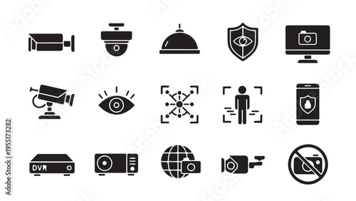 Surveillance and security monitoring glyph icon set for CCTV, privacy protection, and digital safety system design