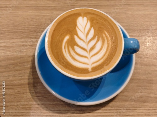 Caffeine moment in blue ceramic cup