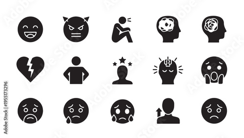 Negative emotion and mental health glyph icon set for stress, anxiety, depression, and psychological wellbeing awareness design