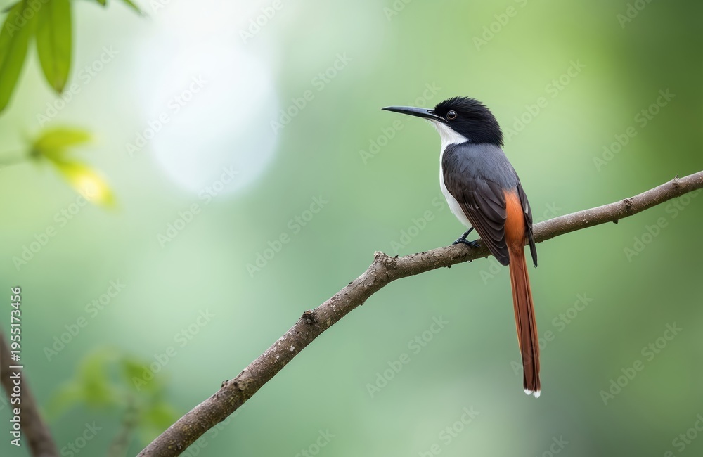 Fototapeta premium Male Asian Paradise Flycatcher with long tail perches on tree branch. This wild bird has black head white breast dark wings and orange tail feathers. Nature fauna detail.