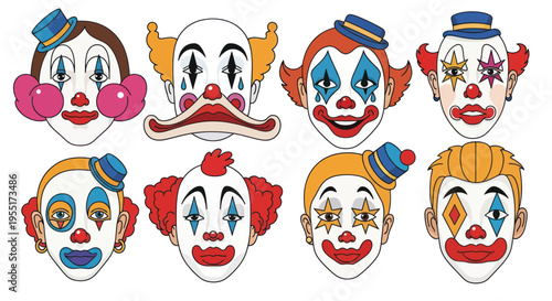Collection of diverse clown faces with colorful makeup and hats, isolated on white