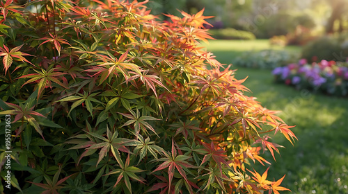 Vibrant autumn garden scene with Japanese maple bush and colorful flowers in the background, showcasing nature's beauty in a serene outdoor setting.