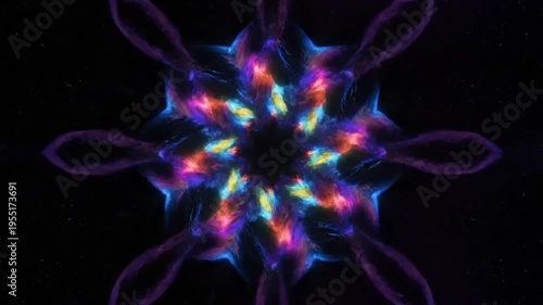 Mesmerizing Kaleidoscope Starburst with Neon Colors and Cosmic Background Animation for Visual Effects