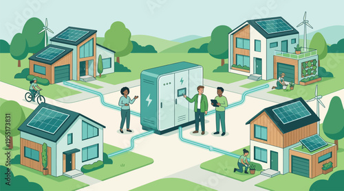 People interacting with electrical power storage.