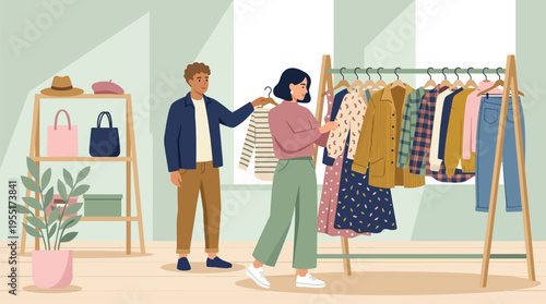 Woman choosing clothes on rack with man.