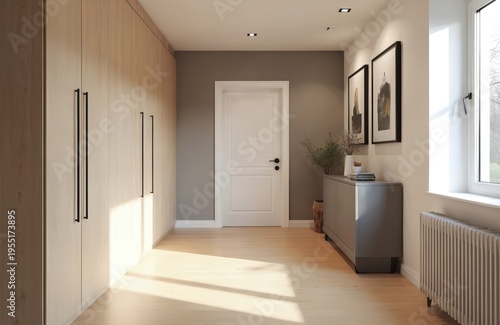Modern hallway with light wood floor, tall closets, white door. Interior design features minimalist aesthetic, warm natural light creating inviting atmosphere. Space feels clean, spacious, orderly.