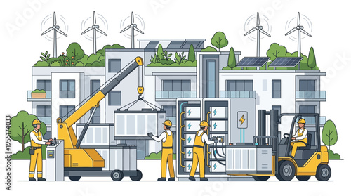 Workers moving industrial metal shelving units.