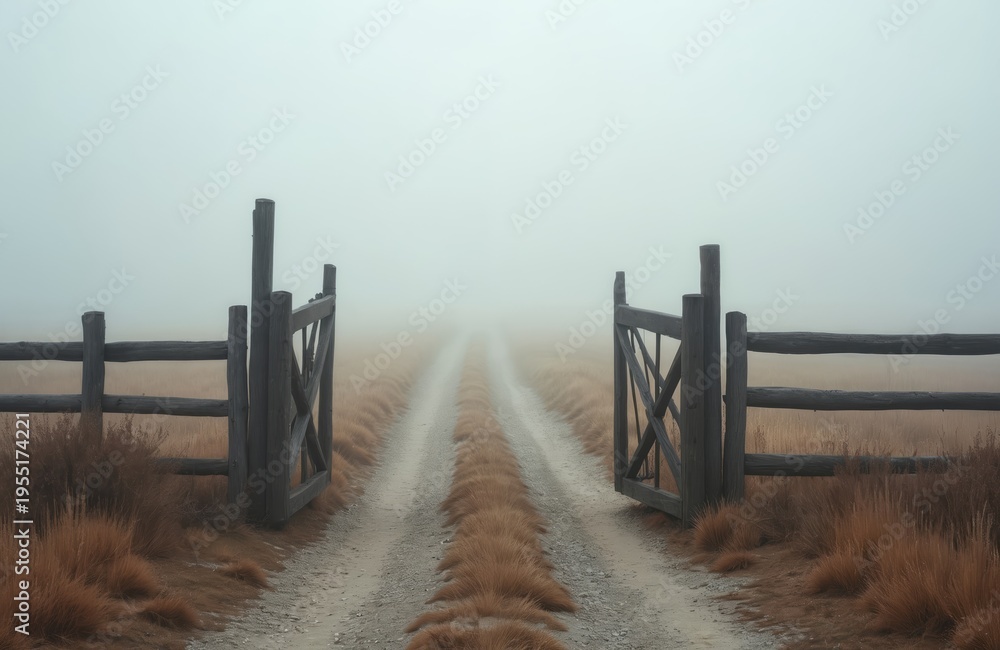 Naklejka premium Open wooden gates lead down a misty dirt road into the unknown. Dry grass flanks the path. Rural landscape fades into dense fog creating a mysterious and serene atmosphere.