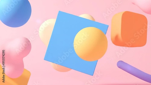 Abstract 3D shapes animation against a soft pink backdrop, modern design elements floating playfully