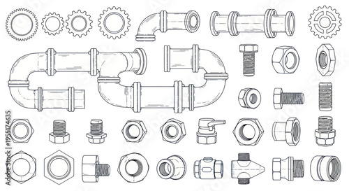 Hand-Drawn Plumbing Pipes, Gears, Bolts, and Nuts - Industrial Elements Set