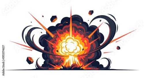 Fiery Explosion Burst with Debris and Smoke on White Background