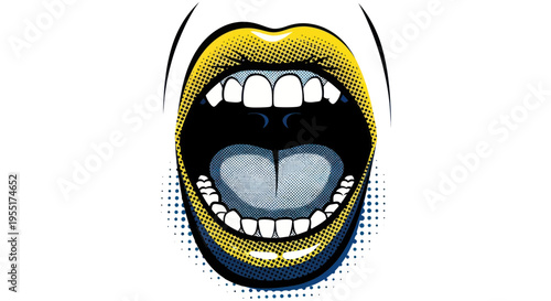 Open Mouth, Yellow Lips, Screaming, Comic Book Style, Halftone Dots, White Background